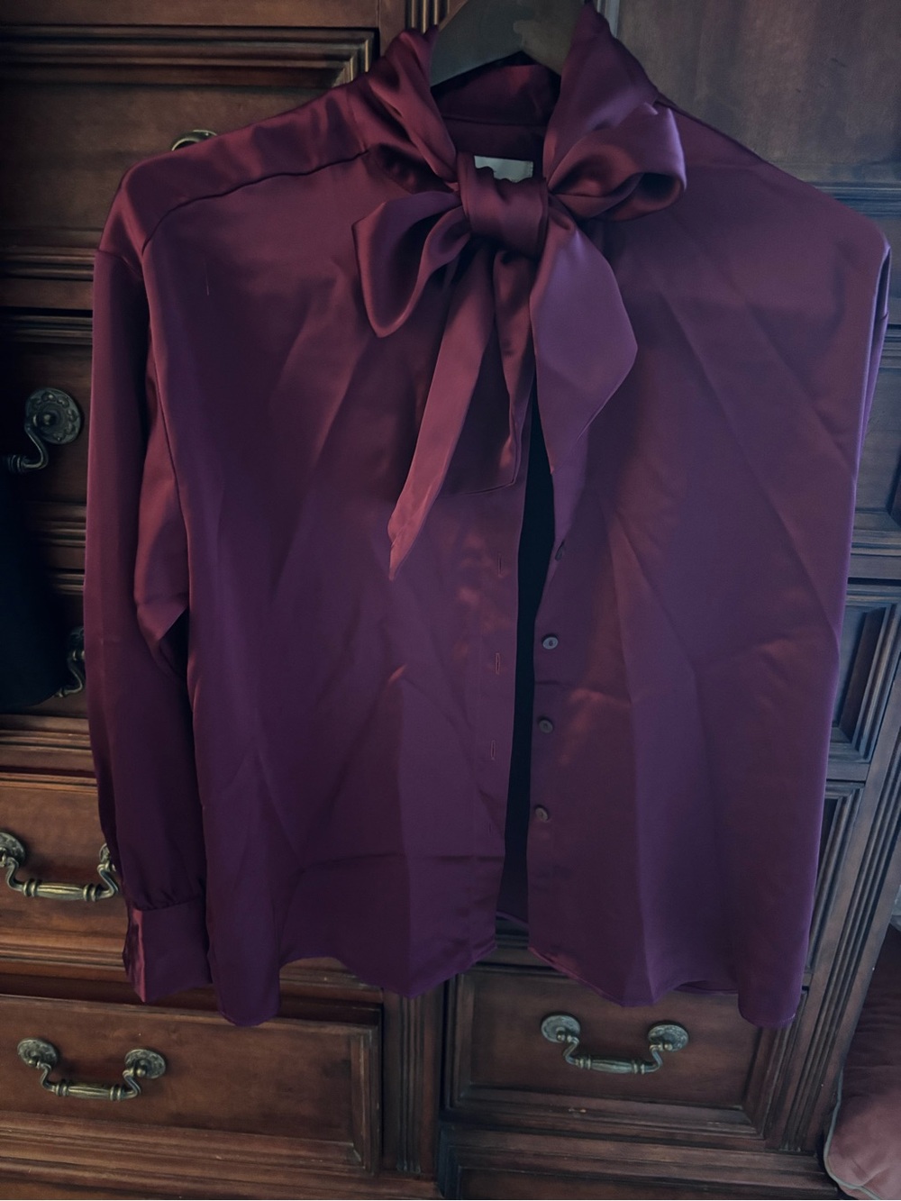 LOFT Satin Bow Tie Blouse - Plum